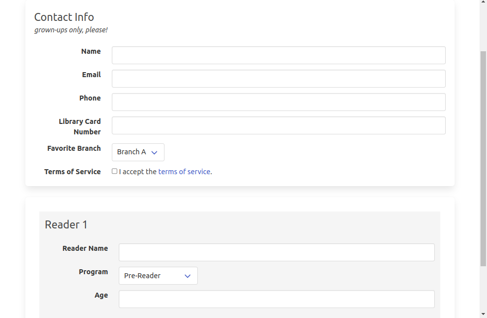 Screenshot of a signup form with a Contact Info header and contact fields.